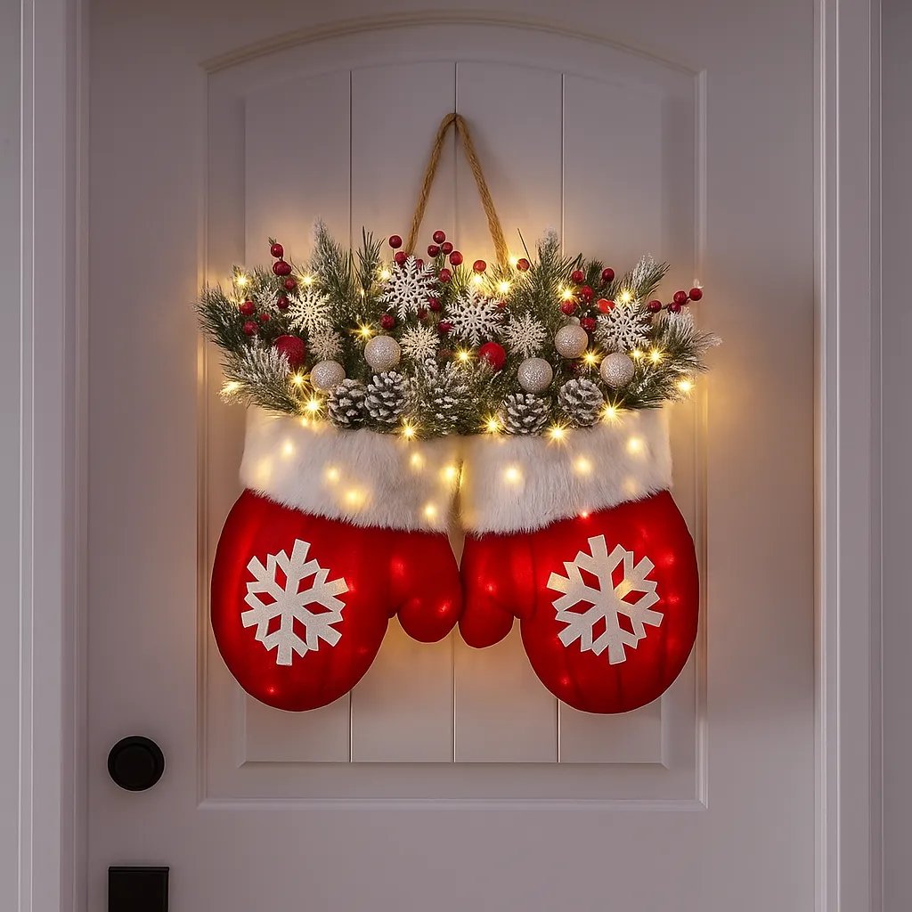 🔥Twinkling Christmas Mitten Wreath with LED Lights & 8H Auto Timer