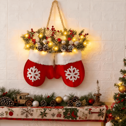 🔥Twinkling Christmas Mitten Wreath with LED Lights & 8H Auto Timer