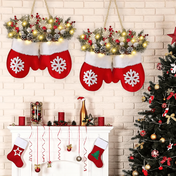 🔥Twinkling Christmas Mitten Wreath with LED Lights & 8H Auto Timer